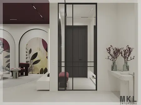 Przedpokój w stylu art deco z minimalistycznymi akcentami quiet luxury.