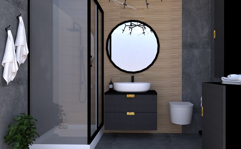 Nowoczesna łazienka z prysznicem, umywalką i drewnianymi elementami.