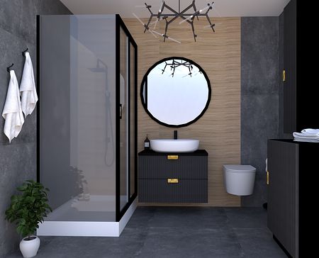 Nowoczesna łazienka z prysznicem, umywalką i drewnianymi elementami.