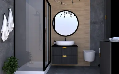 Nowoczesna łazienka z prysznicem, umywalką i drewnianymi elementami.