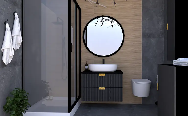 Nowoczesna łazienka z prysznicem, umywalką i drewnianymi elementami.