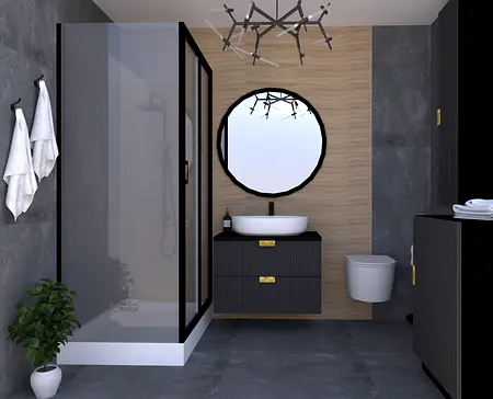 Nowoczesna łazienka z prysznicem, umywalką i drewnianymi elementami.