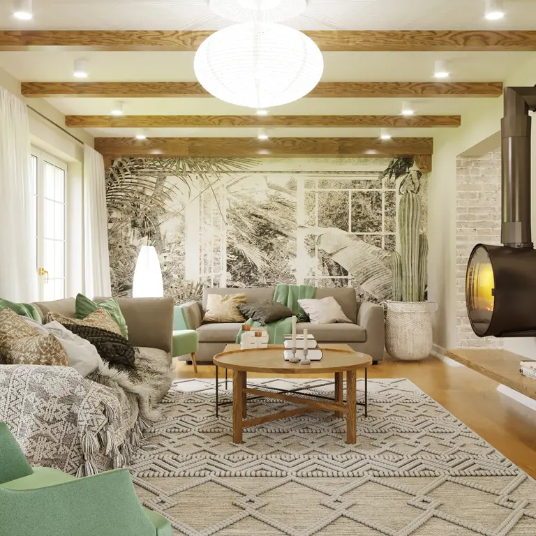 Wnętrze salonu w stylu boho, rustykalnym i vintage z zielonymi dodatkami.