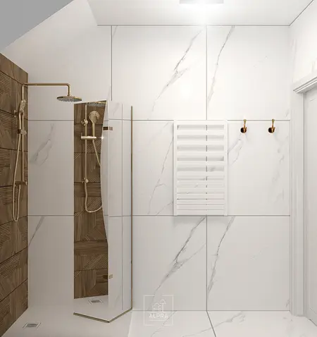 Nowoczesna łazienka z kabiną prysznicową, drewnianymi detalami i minimalistycznym designem.