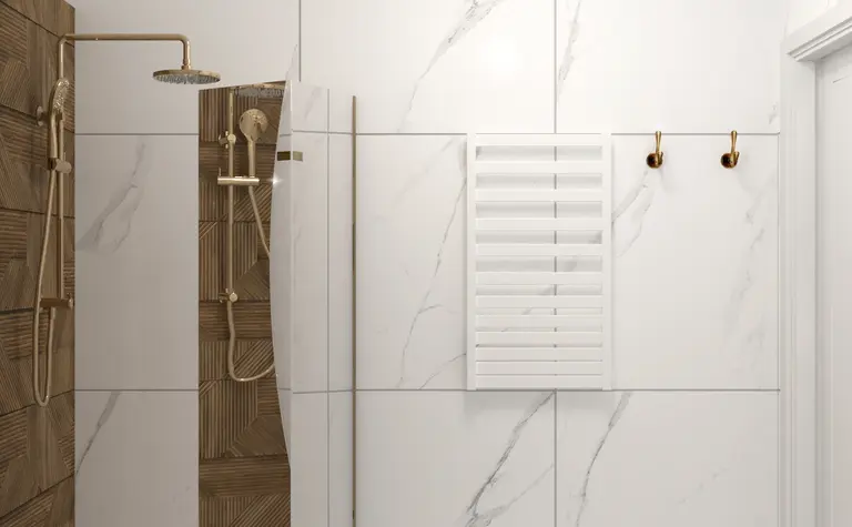 Nowoczesna łazienka z kabiną prysznicową, drewnianymi detalami i minimalistycznym designem.
