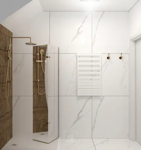 Nowoczesna łazienka z kabiną prysznicową, drewnianymi detalami i minimalistycznym designem.