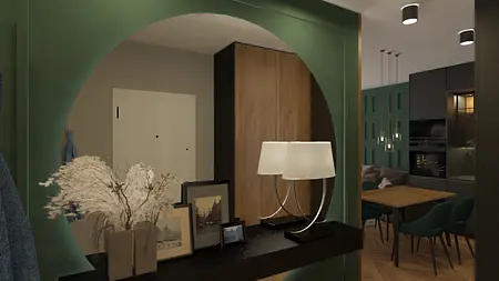 Przedpokój z zielonymi ścianami, lampą i drewnianymi meblami.