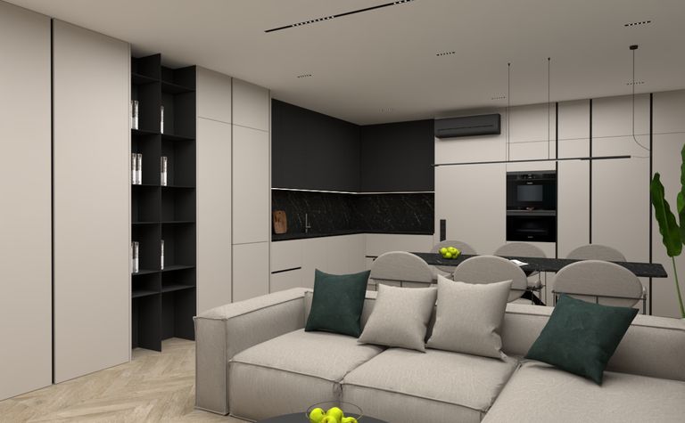 Nowoczesny salon z minimalistycznym wystrojem, szarymi meblami i czarnymi detalami.