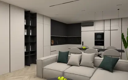 Nowoczesny salon z minimalistycznym wystrojem, szarymi meblami i czarnymi detalami.