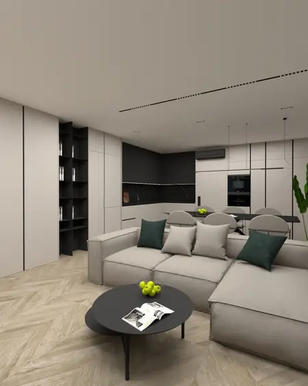 Nowoczesny salon z minimalistycznym wystrojem, szarymi meblami i czarnymi detalami.