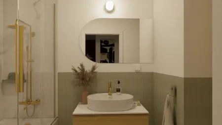 Nowoczesna łazienka w stylu eklektycznym, skandynawskim i vintage z zielonymi i złotymi elementami.
