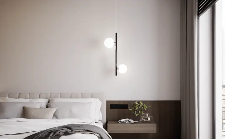 Wnętrze sypialni z minimalistycznym designem, nowoczesnymi akcentami i prowansalskimi detalami.