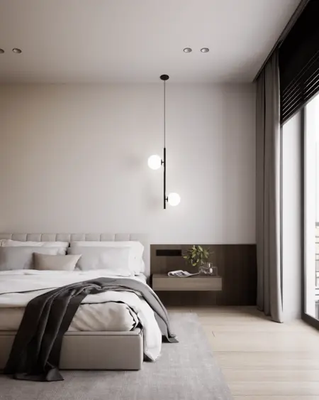 Wnętrze sypialni z minimalistycznym designem, nowoczesnymi akcentami i prowansalskimi detalami.