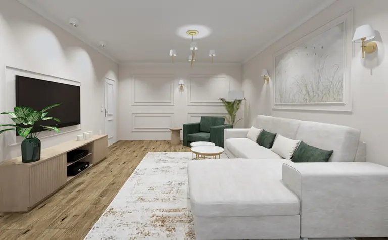 Wnętrze salonu z białą sofą, zielonymi akcentami i drewnianą podłogą. Styl glamour i nowoczesny.
