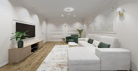 Wnętrze salonu z białą sofą, zielonymi akcentami i drewnianą podłogą. Styl glamour i nowoczesny.