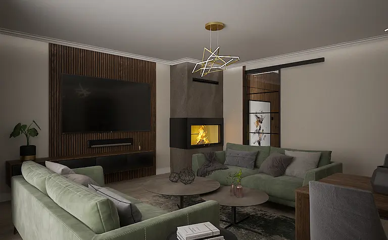 Wnętrze salonu w stylu minimalistycznym z zielonymi sofami i kominkiem.