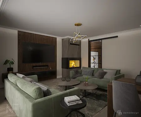 Wnętrze salonu w stylu minimalistycznym z zielonymi sofami i kominkiem.