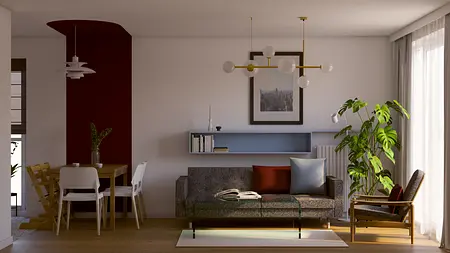 Eklektyczne wnętrze salonu z roślinami, szarym sofą i drewnianym stołem.