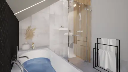 Nowoczesna łazienka z drewnianymi akcentami, minimalistyczna i glamour.