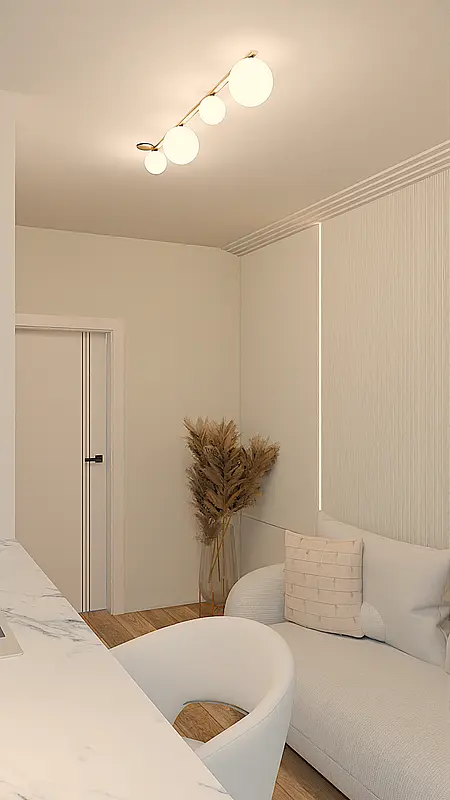 Wnętrze pokoju dziennego z jasnymi meblami i roślinami, styl minimaluxe.