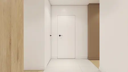 Przedpokój w nowoczesnym stylu z białymi ścianami i drewnianymi detalami.