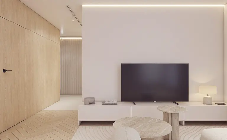 Salon z minimalistycznym wystrojem, jasnymi meblami i TV, styl minimaluxe, nowoczesny, współczesny.