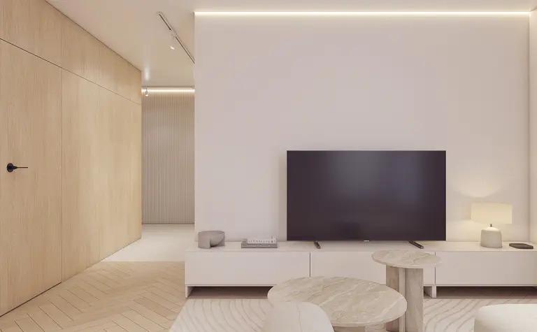 Salon z minimalistycznym wystrojem, jasnymi meblami i TV, styl minimaluxe, nowoczesny, współczesny.