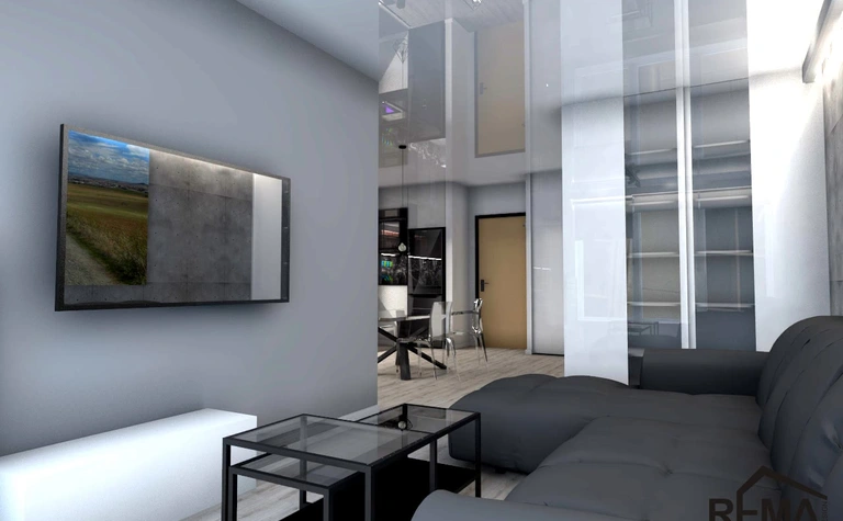 Nowoczesny salon z szarymi ścianami i czarnymi akcentami, styl industrialny i minimalistyczny.