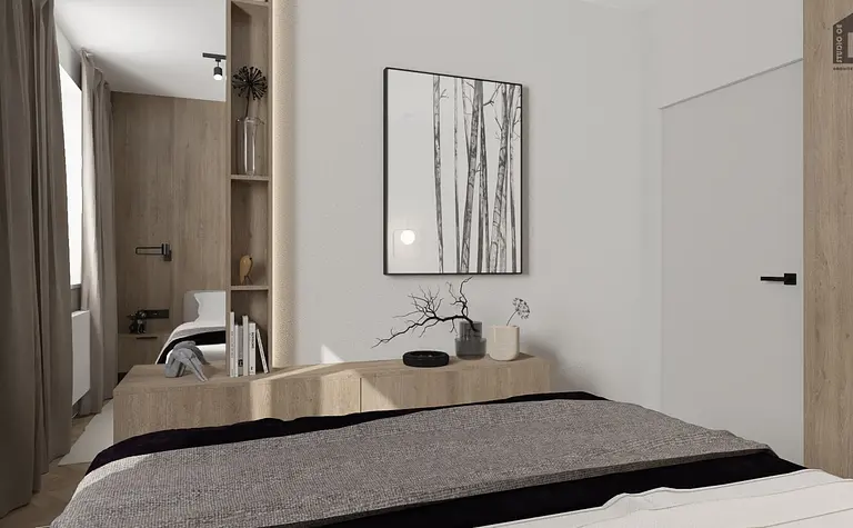 Wnętrze sypialni w stylu industrialnym i minimalistycznym z drewnem i szarością.