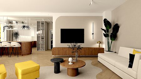 Wnętrze salonu z minimalistycznym i industrialnym designem, z jasnymi meblami i drewnianymi detalami.