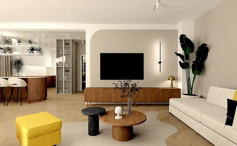 Wnętrze salonu z minimalistycznym i industrialnym designem, z jasnymi meblami i drewnianymi detalami.