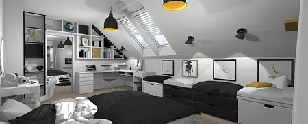 Pokój dziecięcy w stylu boho i nowoczesnym z biurkiem i łóżkami.
