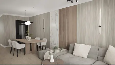 Wnętrze salonu minimalistycznego z beżowymi meblami i drewnianymi wykończeniami.