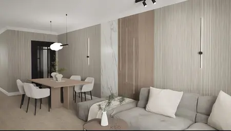 Wnętrze salonu minimalistycznego z beżowymi meblami i drewnianymi wykończeniami.