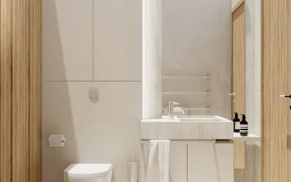 Nowoczesna łazienka w stylu japandi z minimalistycznym wykończeniem i drewnianymi detalami.