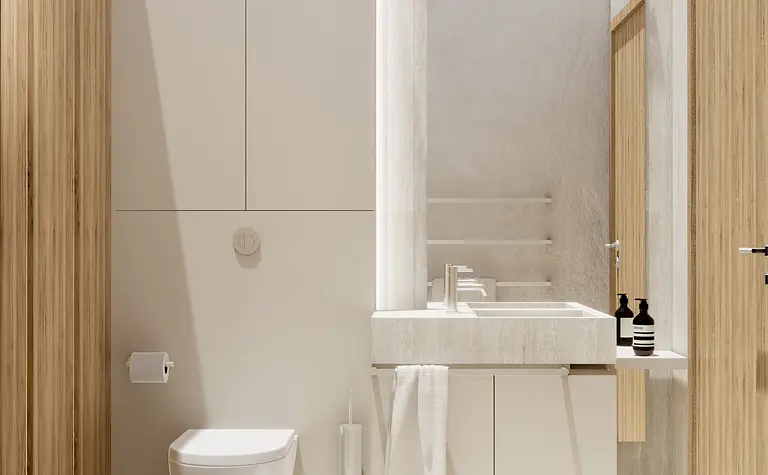 Nowoczesna łazienka w stylu japandi z minimalistycznym wykończeniem i drewnianymi detalami.