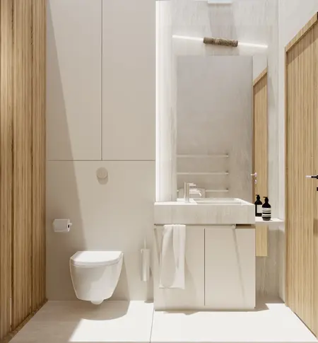 Nowoczesna łazienka w stylu japandi z minimalistycznym wykończeniem i drewnianymi detalami.