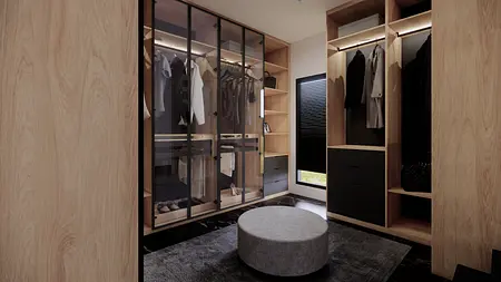 Garderoba z minimalistycznym designem, drewnianymi elementami i nowoczesnym oświetleniem.