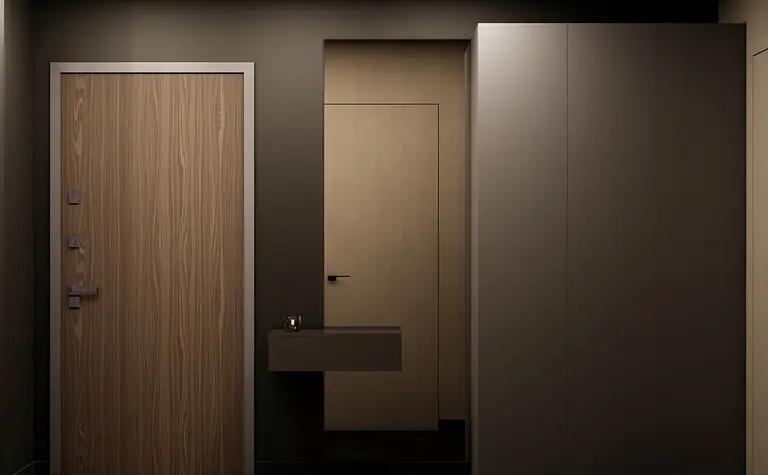 Nowoczesny przedpokój z drewnianymi elementami, minimalistyczny design, współczesne akcenty.