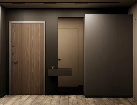 Nowoczesny przedpokój z drewnianymi elementami, minimalistyczny design, współczesne akcenty.
