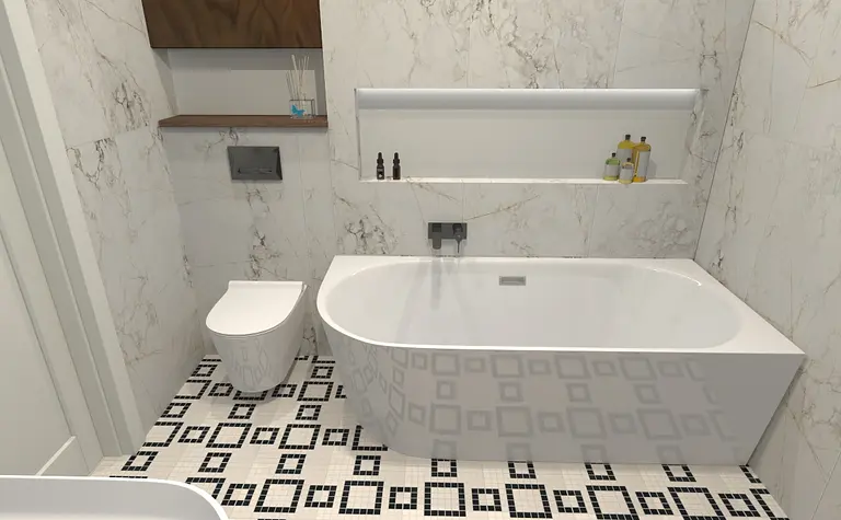 Współczesna łazienka z białą wanną i czarnym wykończeniem.