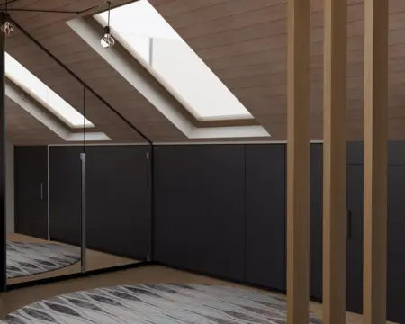 Współczesna garderoba z dużym lustrem i szafami w ciemnym kolorze.