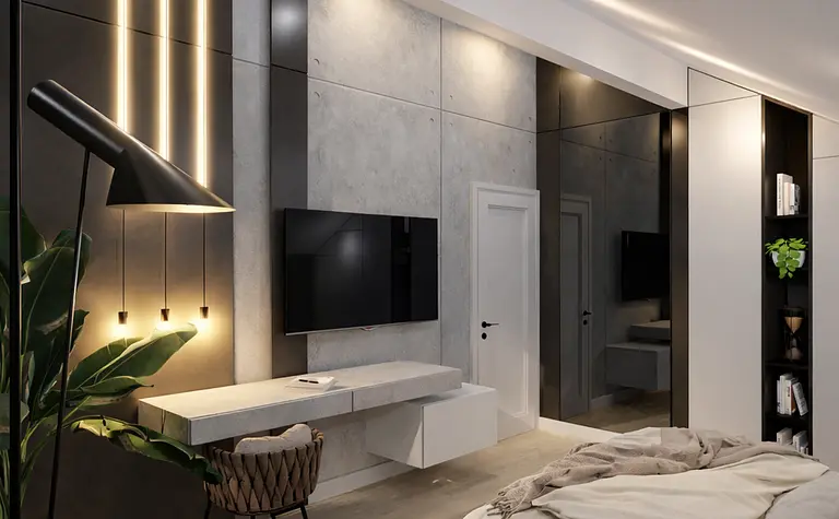 Nowoczesne wnętrze z telewizorem, minimalistycznym biurkiem i rośliną.