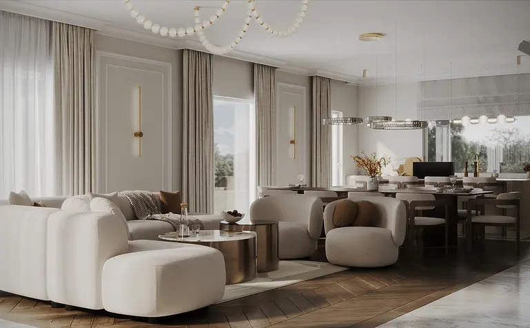 Wnętrze salonu w stylu quiet luxury z jasnymi meblami i drewnianą podłogą.