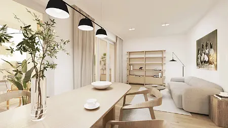 Wnętrze salonu w stylu japandi i minimalistycznym z jasnymi meblami i roślinami.