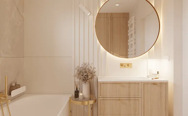 Nowoczesna łazienka z drewnianą szafką, okrągłym lustrem i akcentami w stylu quiet luxury.