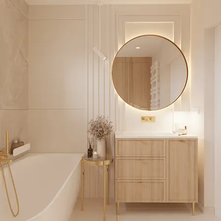 Nowoczesna łazienka z drewnianą szafką, okrągłym lustrem i akcentami w stylu quiet luxury.