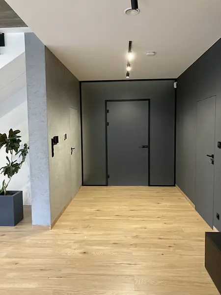 Nowoczesny przedpokój z szarymi ścianami i drewnianą podłogą, z rośliną w donicy.