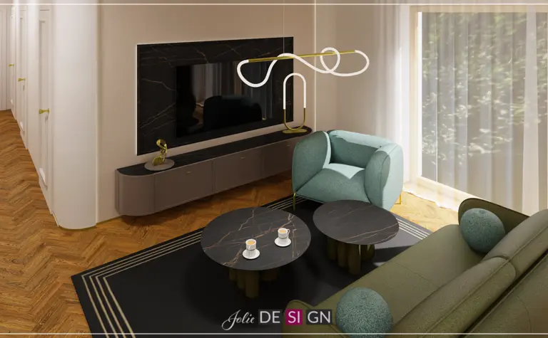 Stylowe wnętrze salonu art deco z zieloną sofą i czarnymi stolikami.