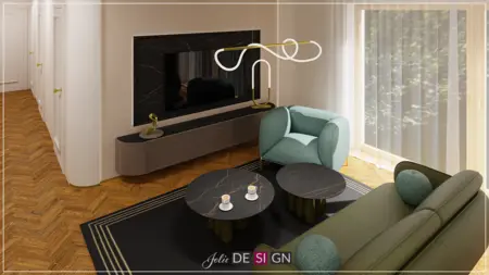 Stylowe wnętrze salonu art deco z zieloną sofą i czarnymi stolikami.